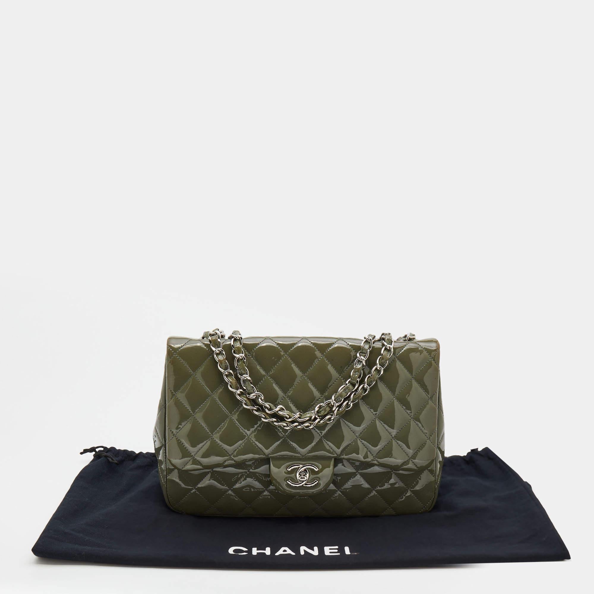 Chanel Olive Green Patent Leather Jumbo Classic Single Flap Bag 9