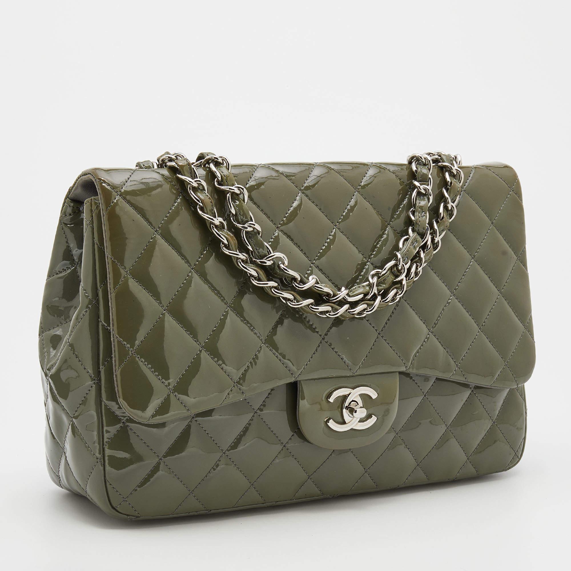 Women's Chanel Olive Green Patent Leather Jumbo Classic Single Flap Bag
