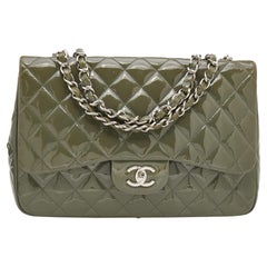 Chanel Olive Green Patent Leather Jumbo Classic Single Flap Bag