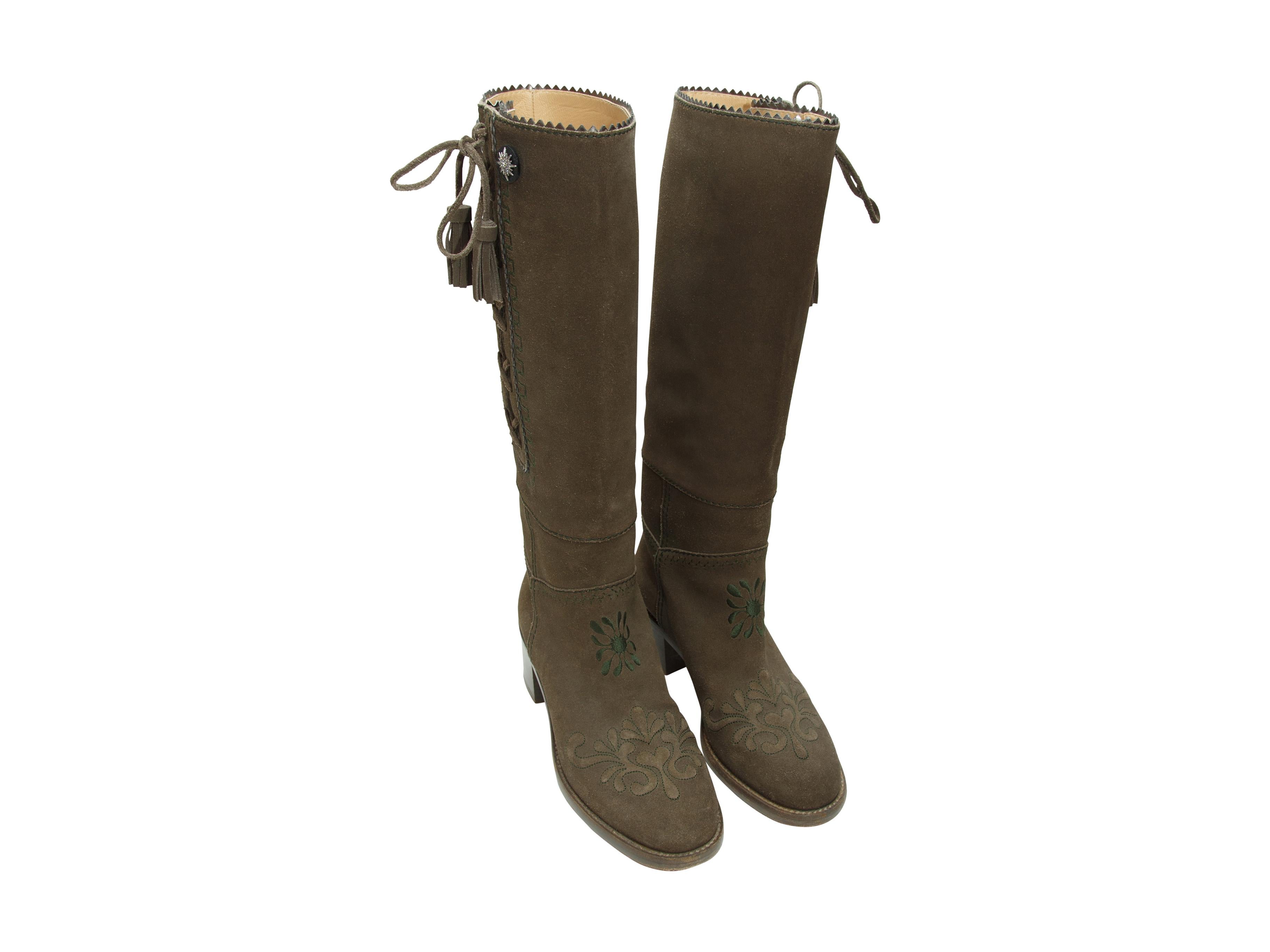 Product details: Olive green suede knee-high boots by Chanel. From the Pre-Fall 2015 Collection. Embroidery at toes. Tassel tie-up closures at sides. Designer size 39. 2