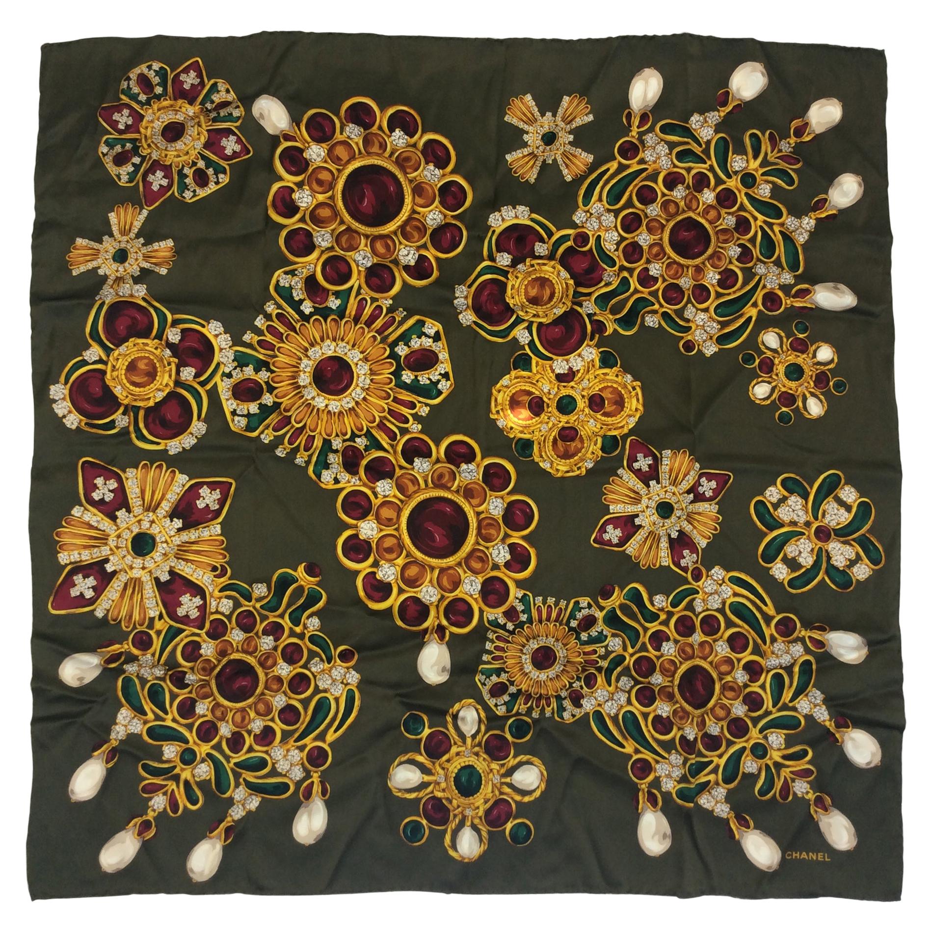 Chanel Olive Green Print Silk Scarf