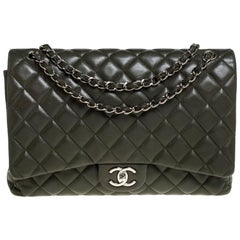 Chanel Olive Green Quilted Distressed Caviar Leather Easy Zip