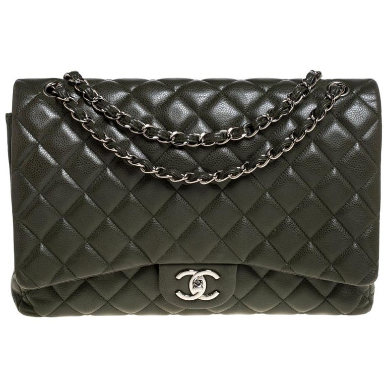 Chanel Olive Green Quilted Caviar Leather Maxi Classic Double Flap