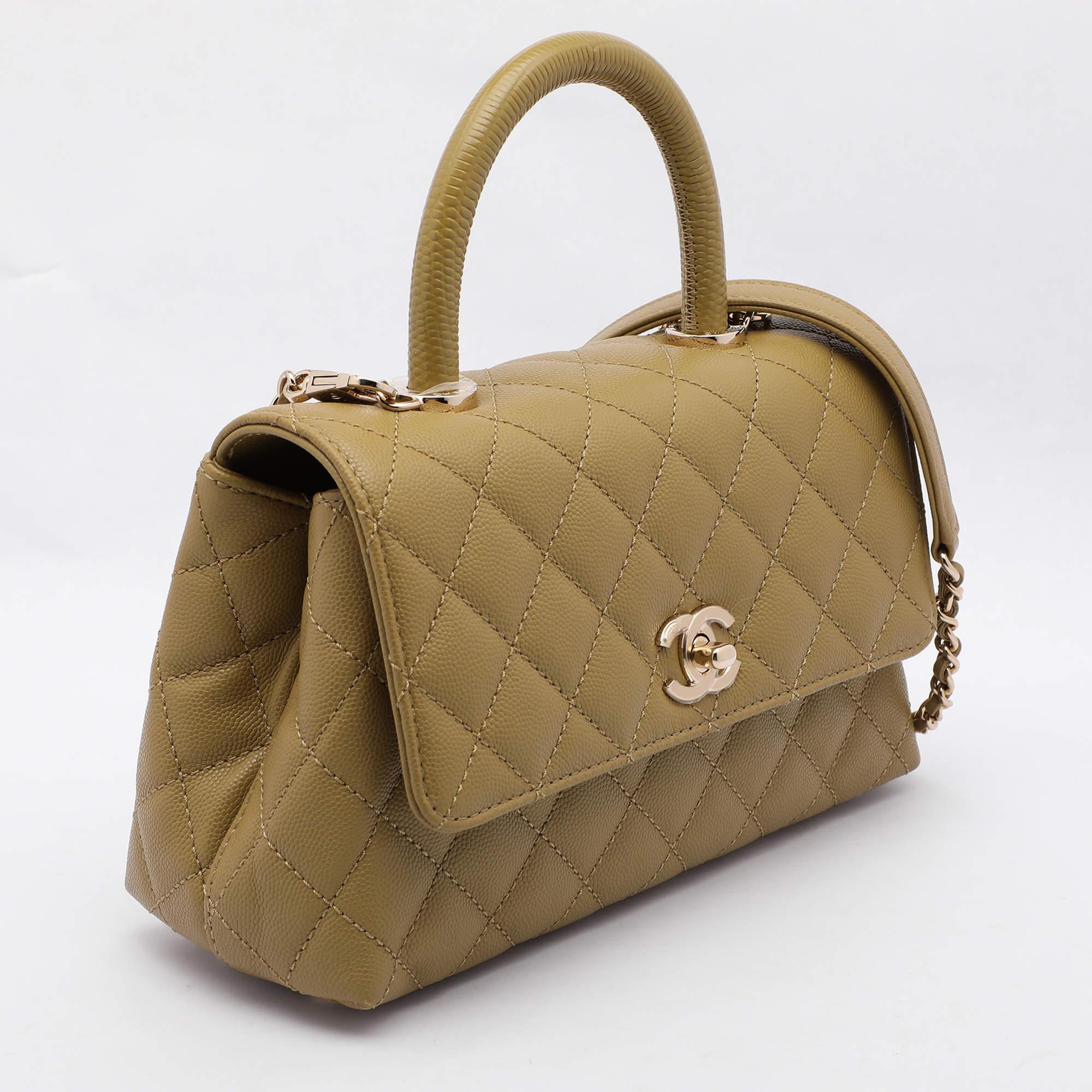 Brown Chanel Olive Green Quilted Caviar Leather Mini Coco Top Handle Bag
