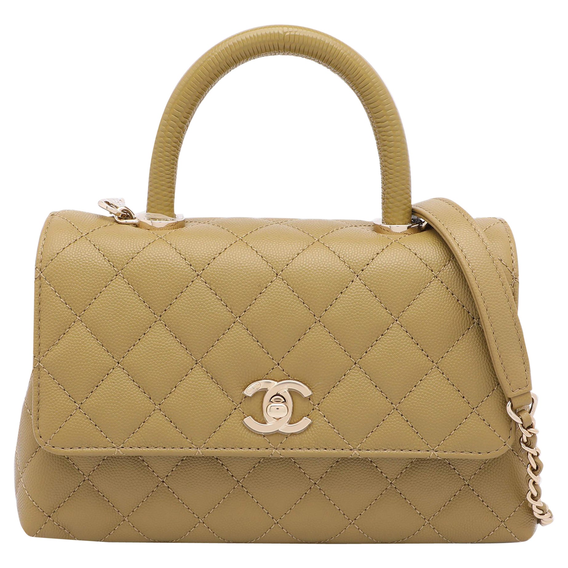 Chanel Olive Green Quilted Caviar Leather Mini Coco Top Handle Bag