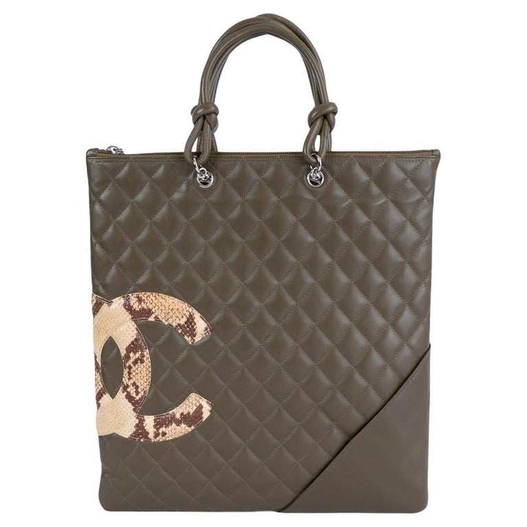 CHANEL Calfskin Snakeskin Quilted Small Cambon Tote Khaki 1259450