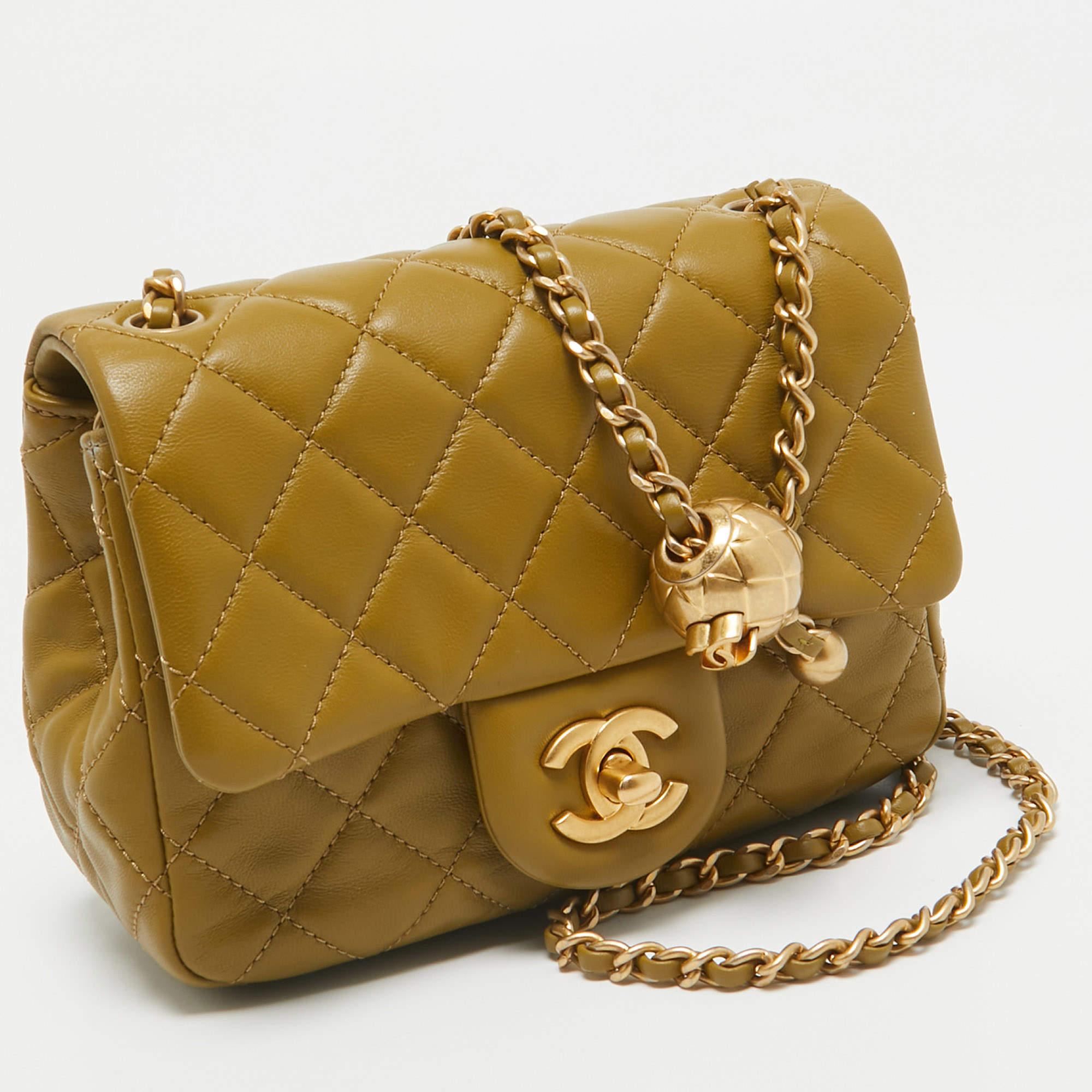 Brown Chanel Olive Green Quilted Leather Mini Classic Flap Bag