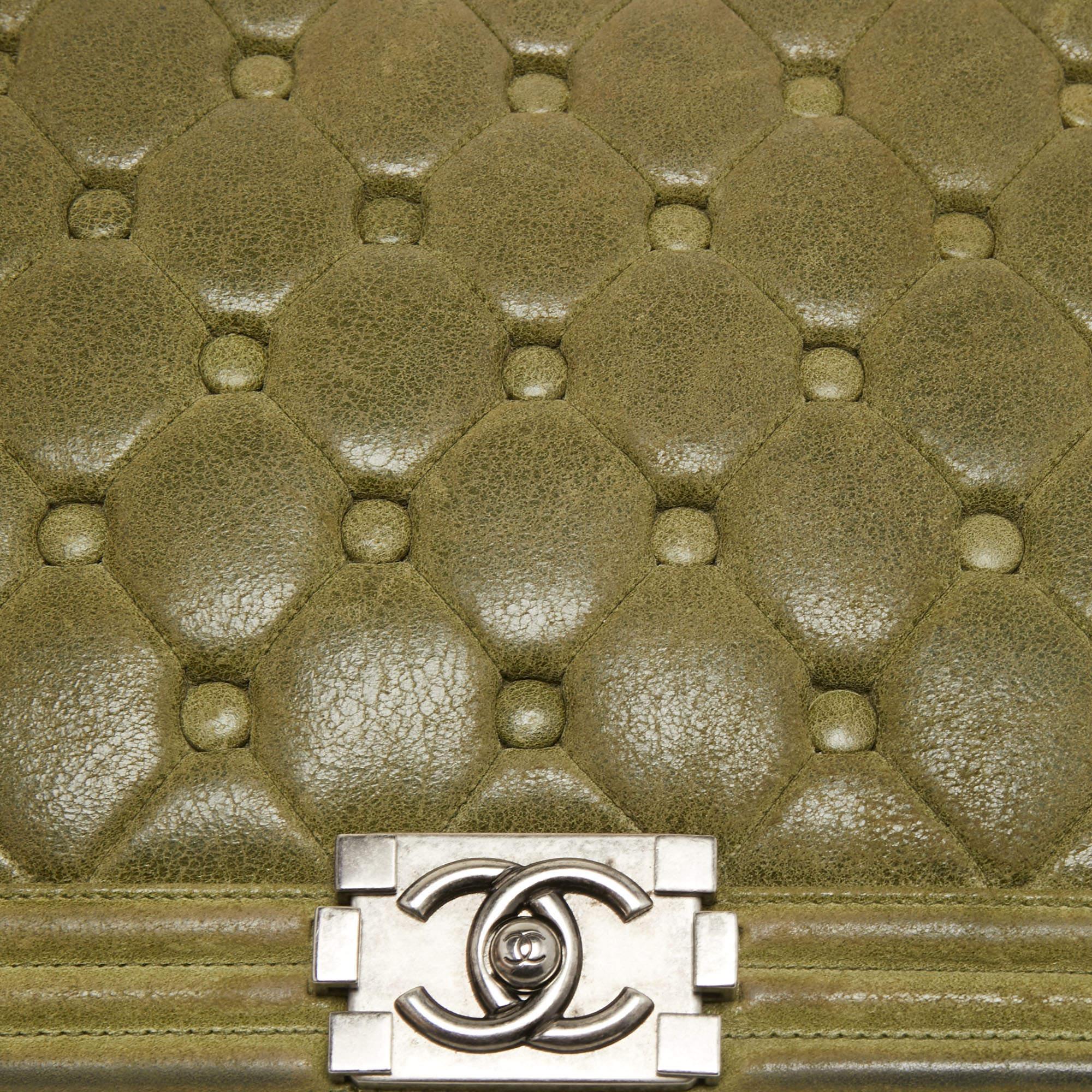 Chanel Olive Green Quilted Suede Large Boy Bag 10