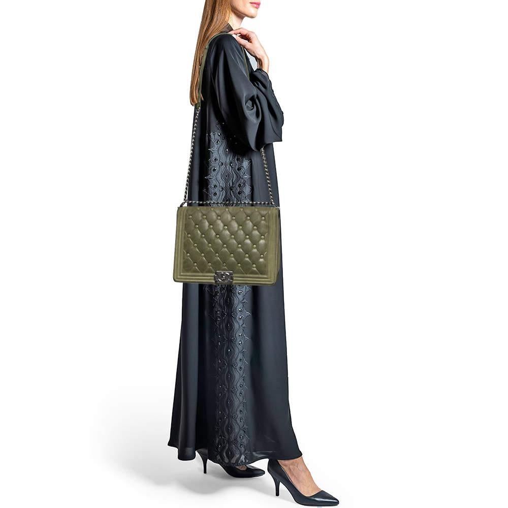 Chanel Olive Green Quilted Suede Large Boy Bag In Fair Condition In Dubai, Al Qouz 2