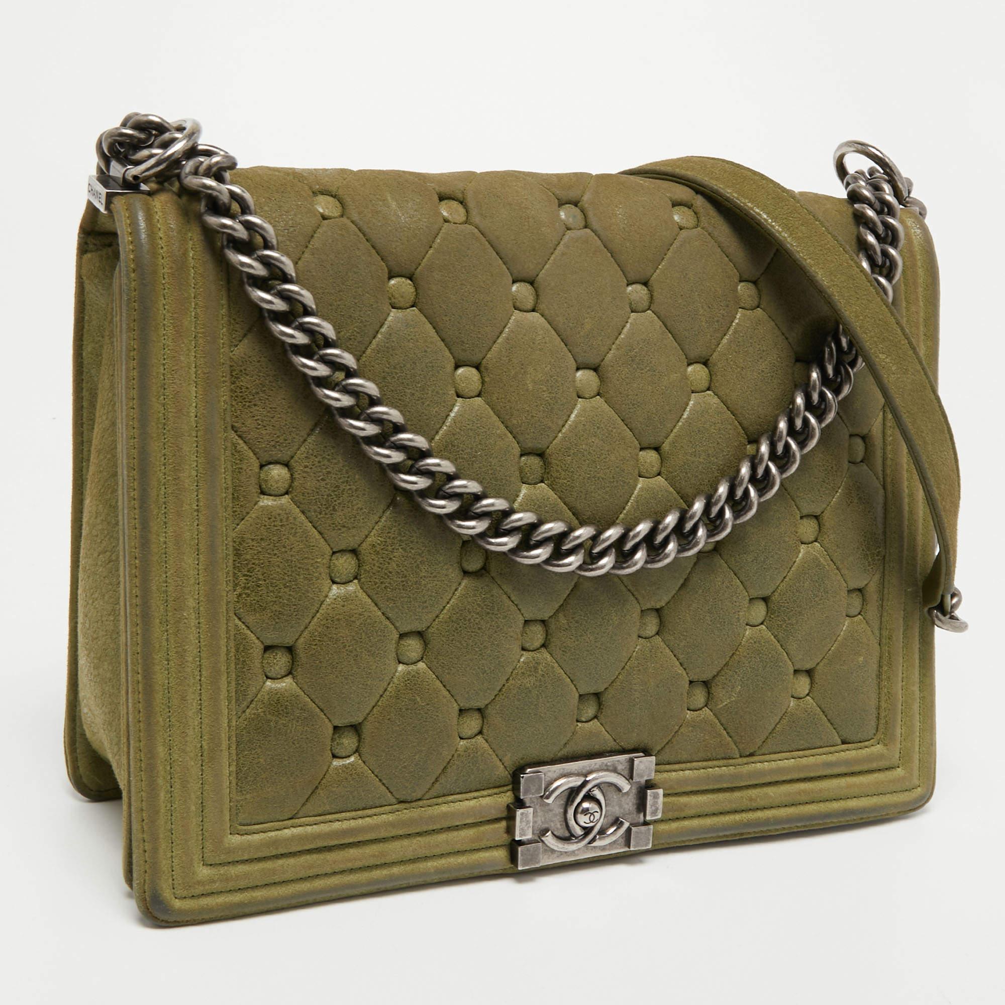 Chanel Olive Green Quilted Suede Large Boy Bag 3