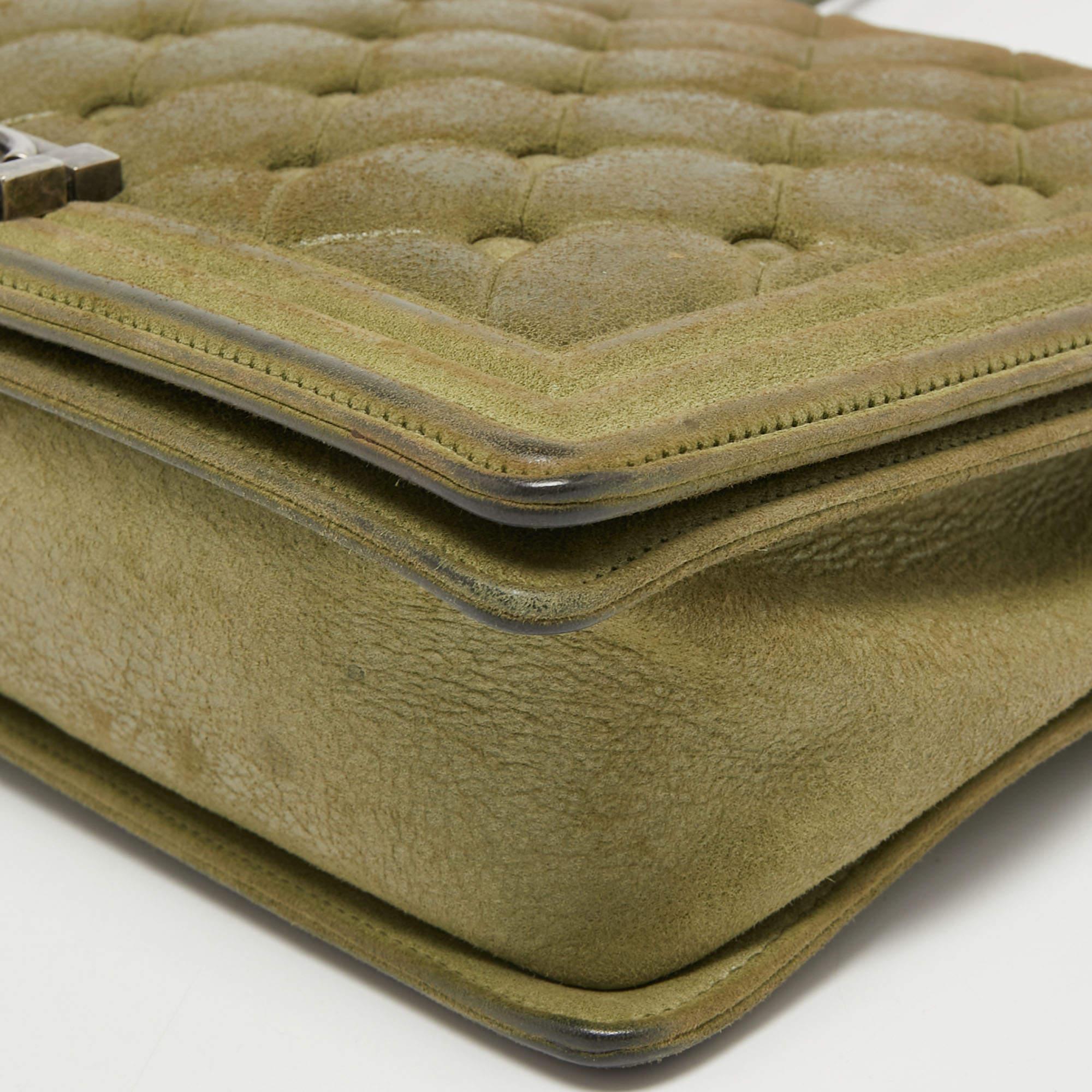 Chanel Olive Green Quilted Suede Large Boy Bag 4