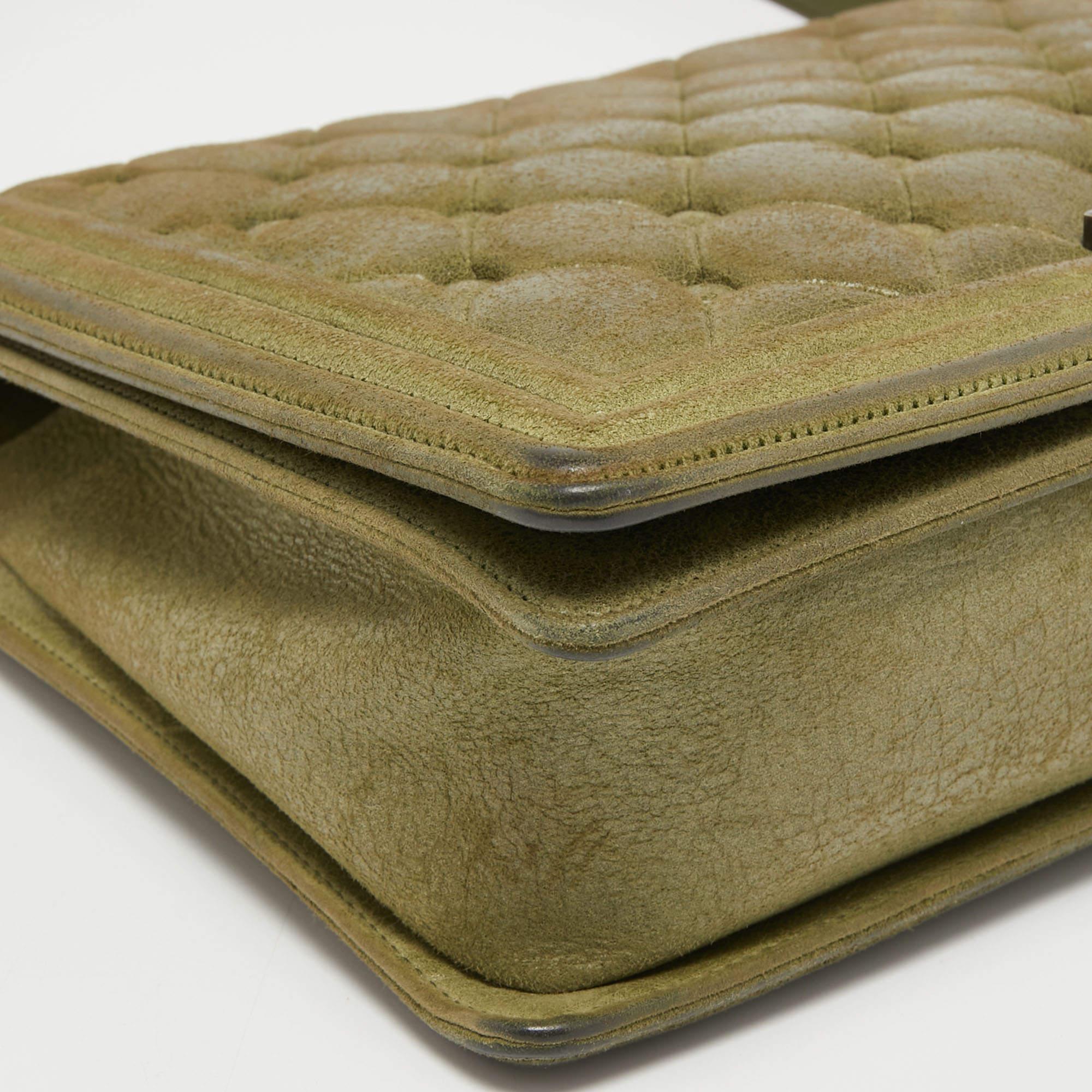 Chanel Olive Green Quilted Suede Large Boy Bag 5