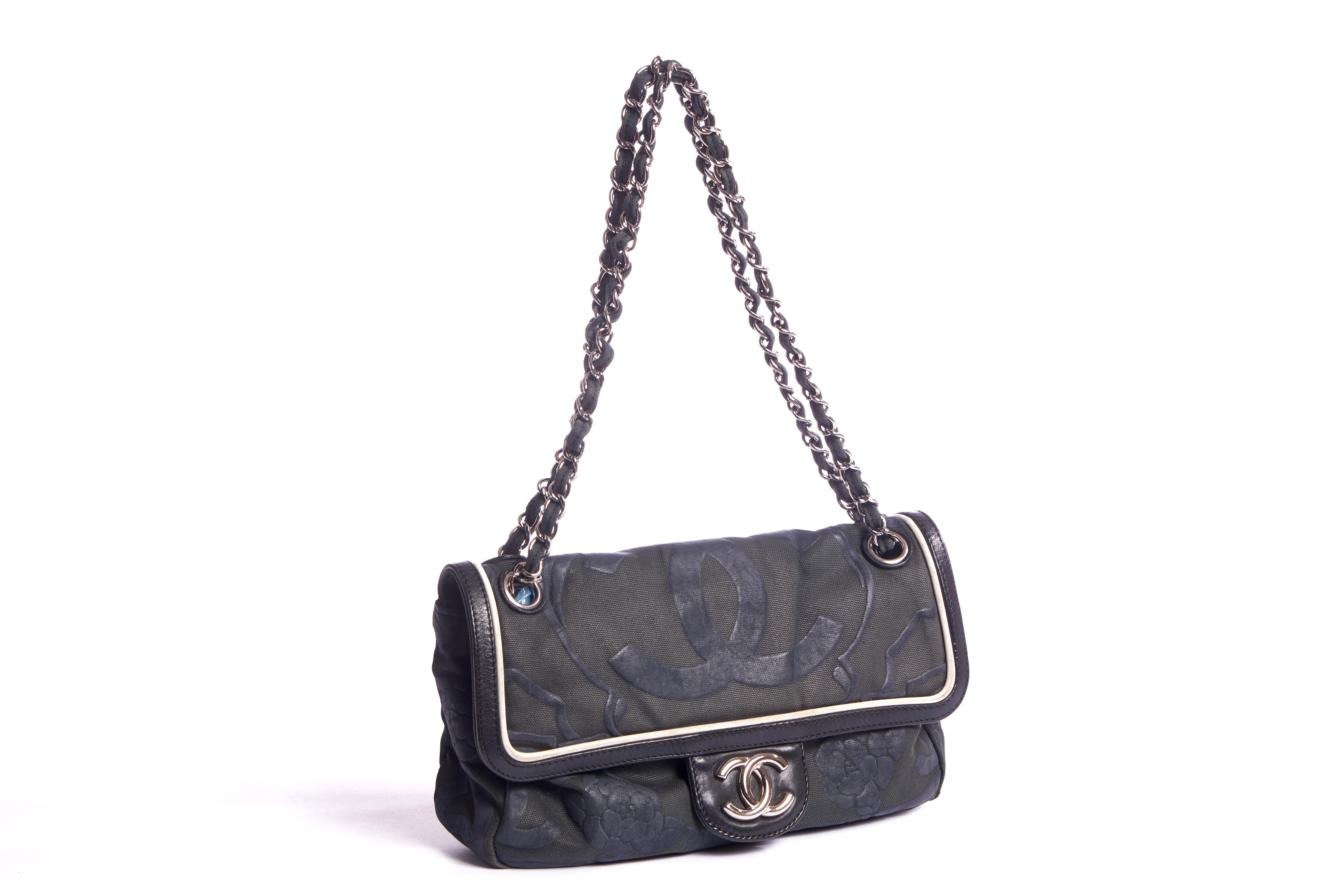 Chanel olive green single flap with black silicon design. Shoulder drop 9.25