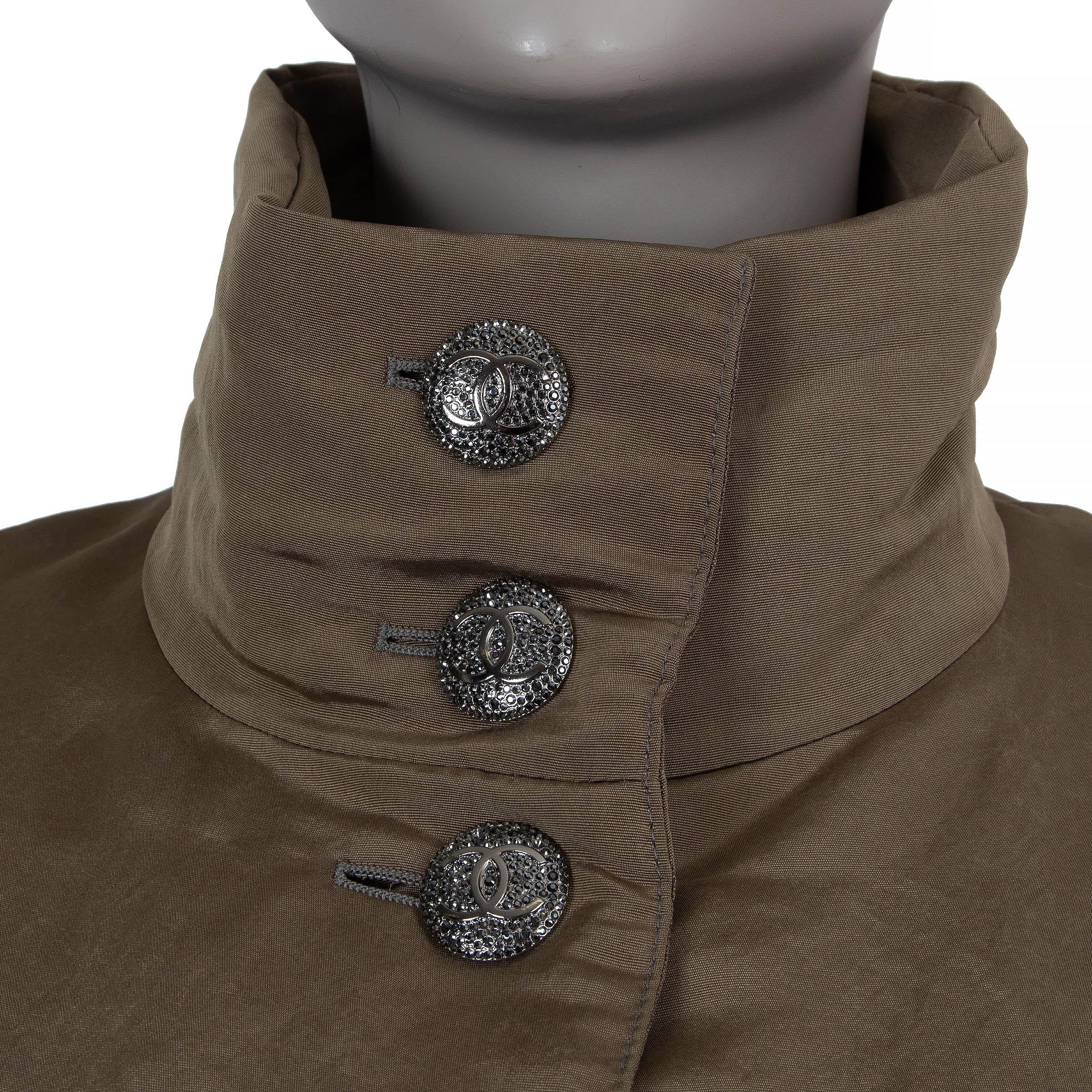 Women's CHANEL olive green silk 21K PADDED PARKA Coat Jacket 42 L For Sale