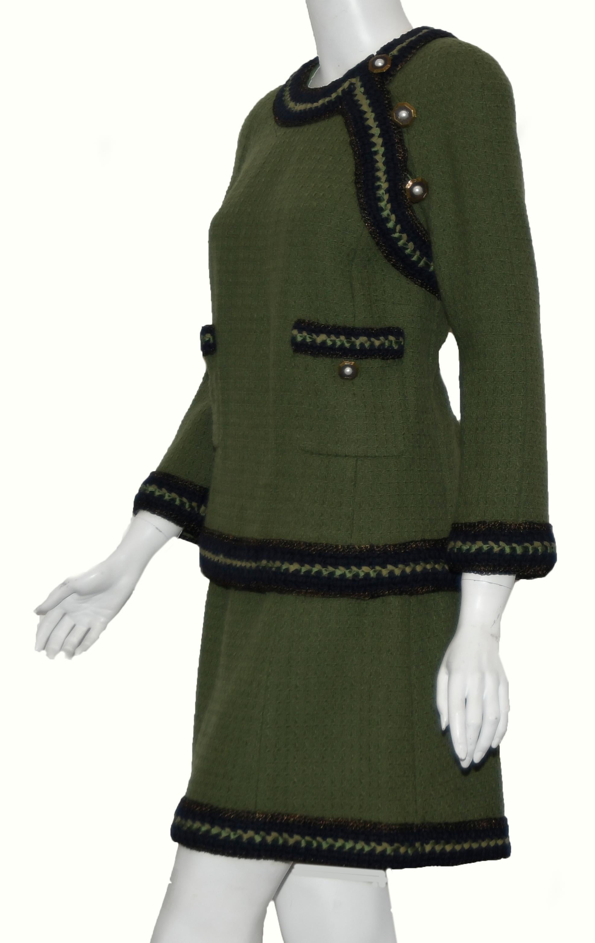 Black Chanel Olive Green Skirt Suit w/ Navy Blue Trim