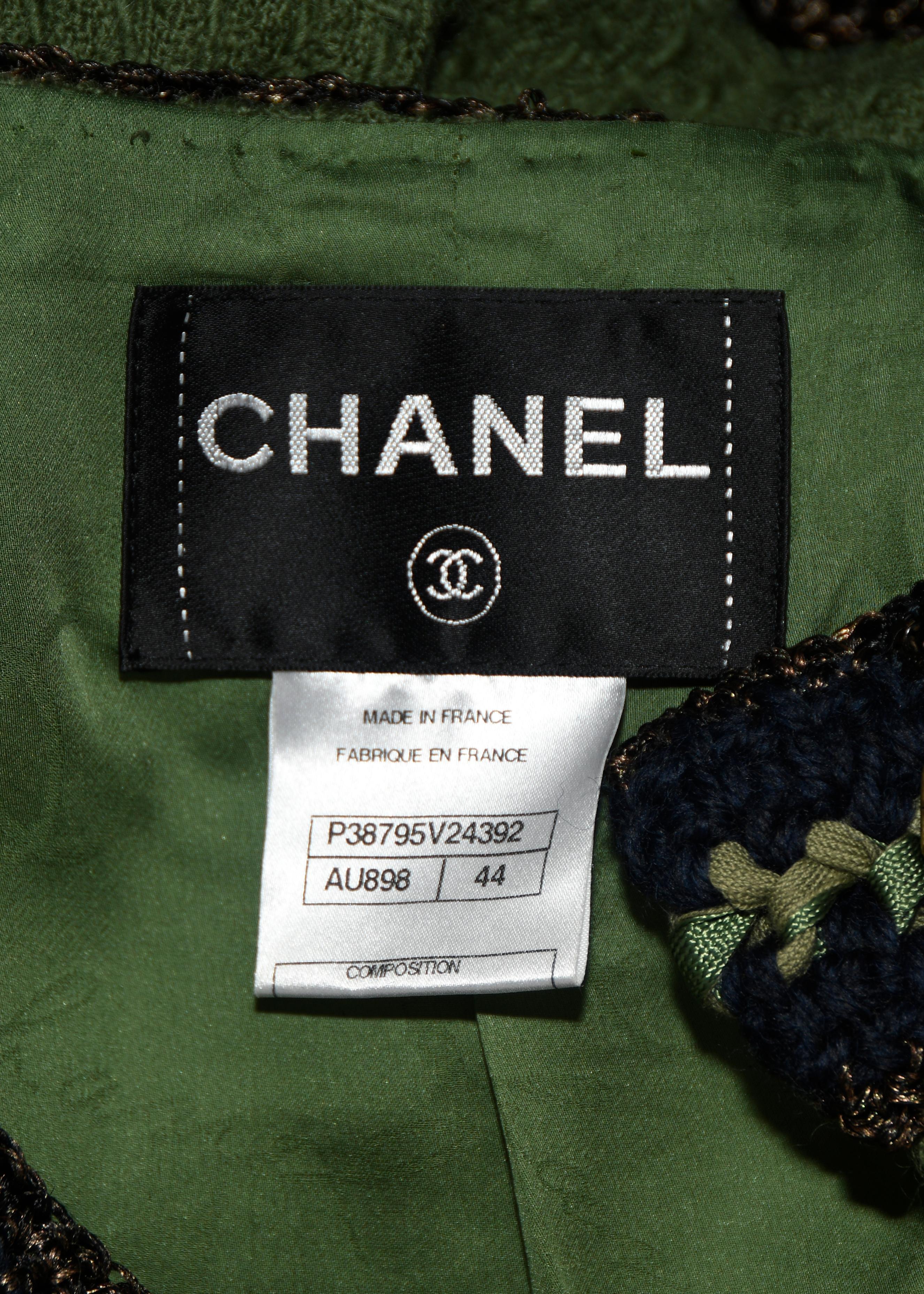Chanel Olive Green Skirt Suit w/ Navy Blue Trim In Excellent Condition In Palm Beach, FL