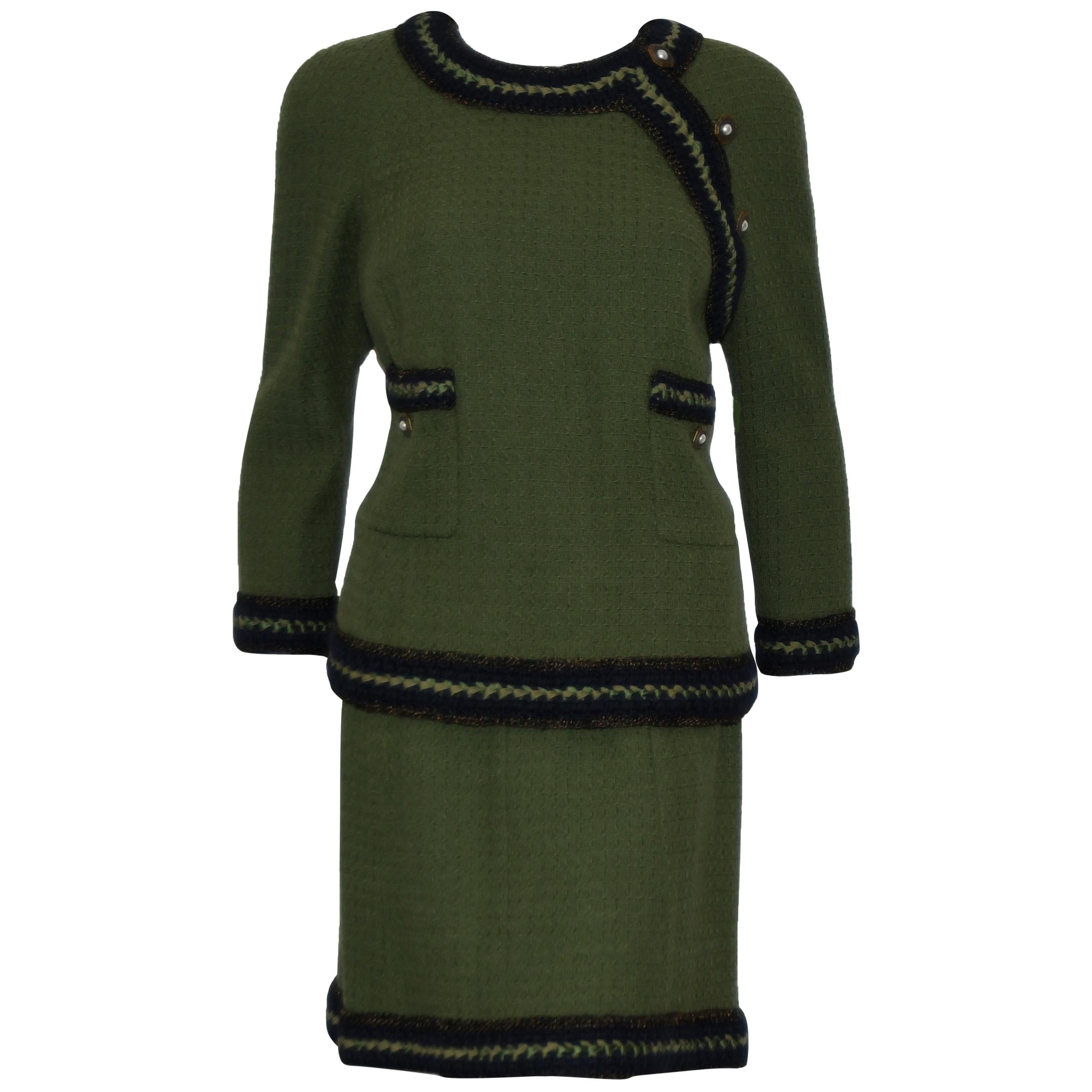 Chanel Olive Green Skirt Suit w/ Navy Blue Trim