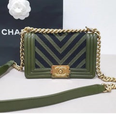 CHANEL  Olive Green Tweed Chain Chevron Boy Bag