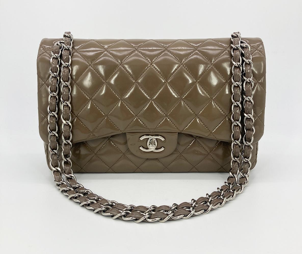 Chanel Olive Grey Patent Leather Jumbo Double Flap Classic 2.55 3