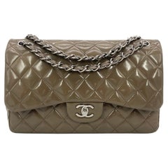 Chanel Olive Grey Patent Leather Jumbo Double Flap Classic 2.55