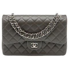 Chanel Olive Grey Quilted Caviar Leather Large Classic Double Flap Bag