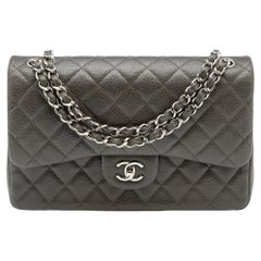 Chanel Olivgrau gesteppte Kaviar Leder Große klassische Doppelklappentasche