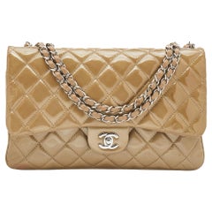 Chanel Olive Grey Quilted Patent Leather Accordion 3 Flap Bag