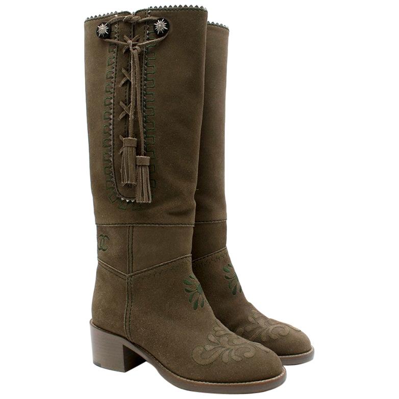 Chanel Olive Suede Embroidered Tassel Knee Boots - Size EU 36 For Sale