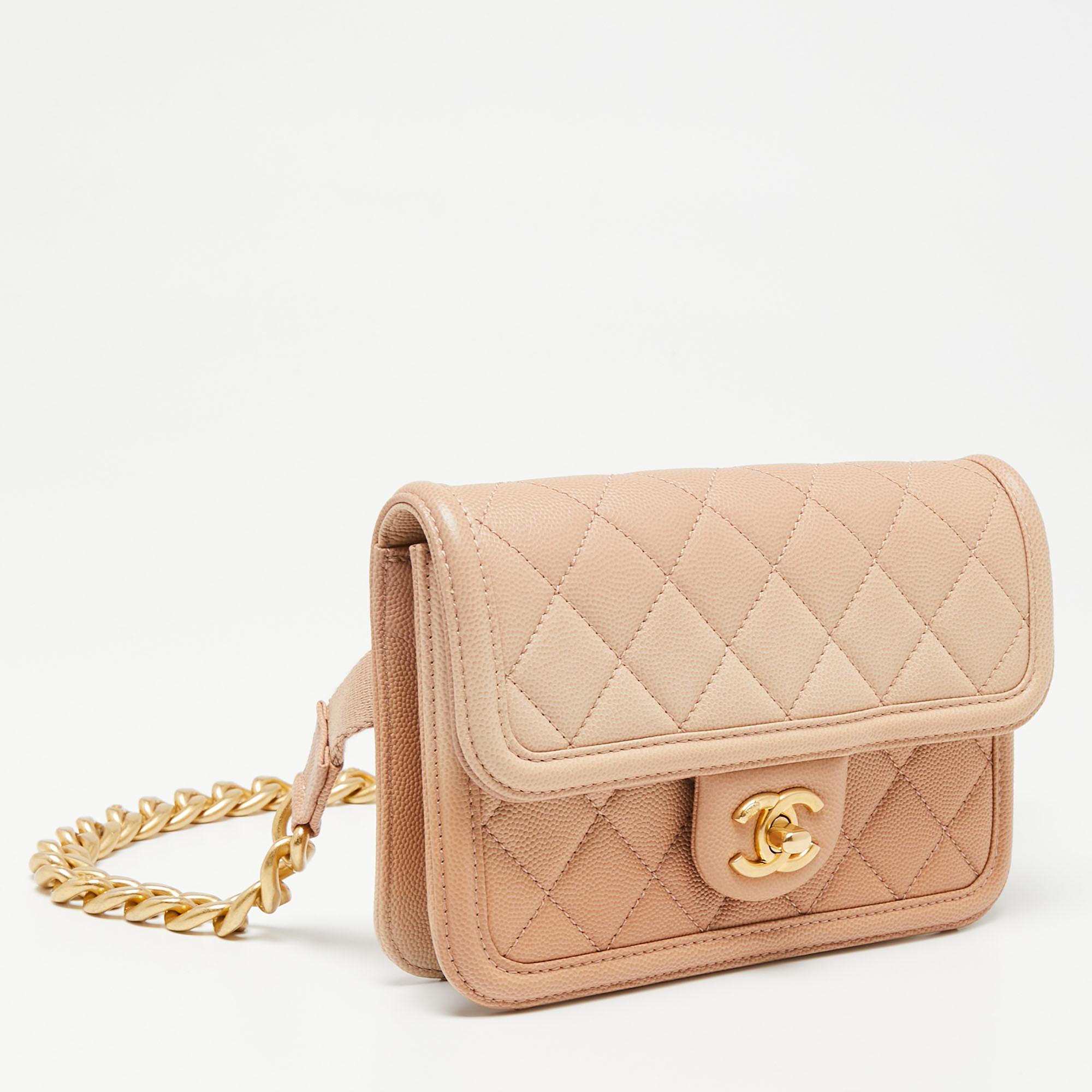 Women's Chanel Ombre Beige Quilted Caviar Leather CC Flap Belt Bag