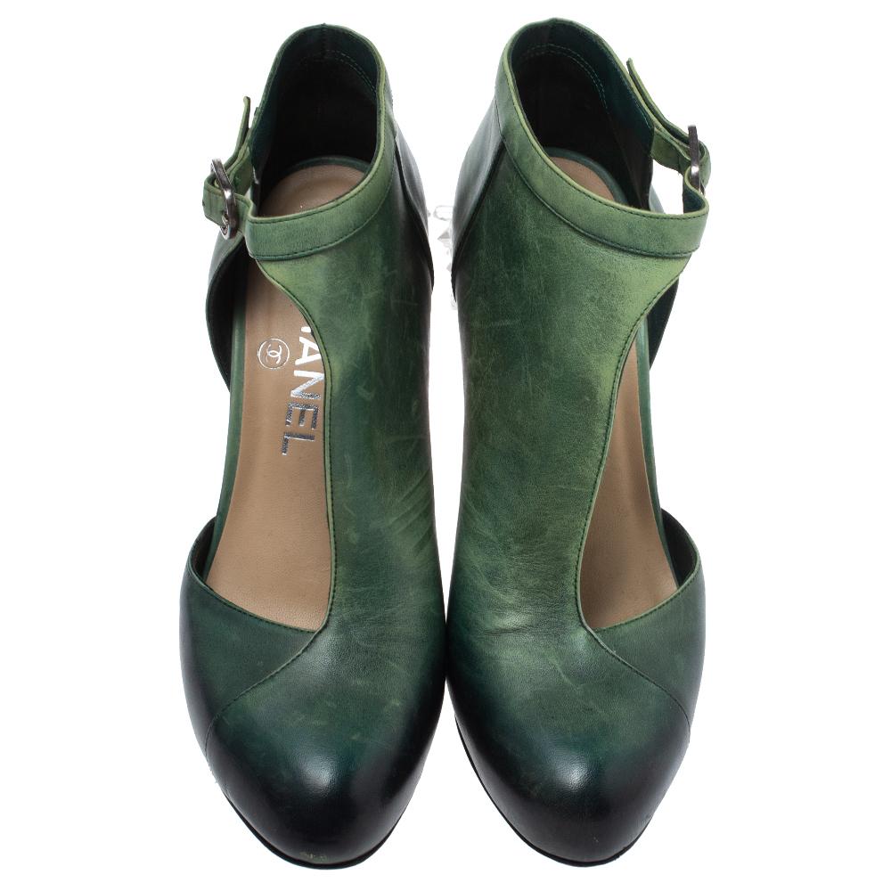 Black Chanel Ombre Green Leather Crystal Heels Half D'orsay Ankle Boots Size 36
