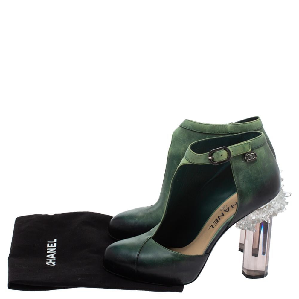 Chanel Ombre Green Leather Crystal Heels Half D'orsay Ankle Boots Size 36 1
