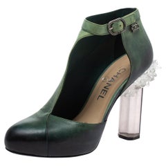 Chanel Ombre Green Leather Crystal Heels Half D'orsay Ankle Boots Size 36