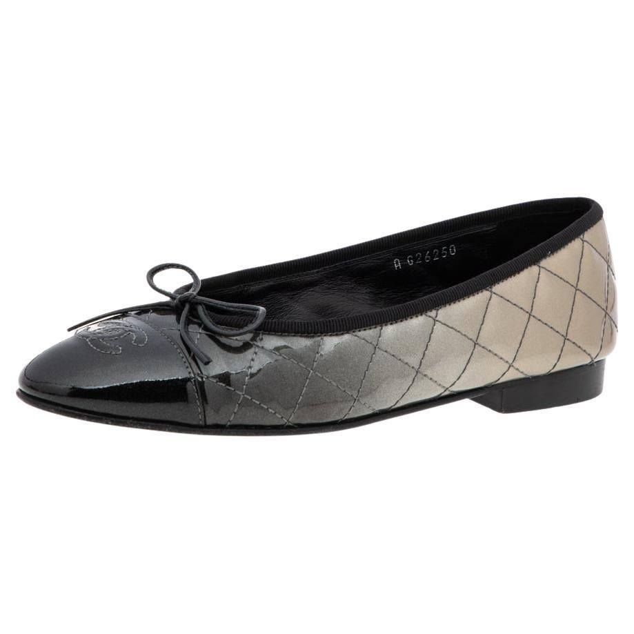 Chanel Ombre Quilted Patent Leather CC Cap Toe Bow Ballet Flats Size 36.5