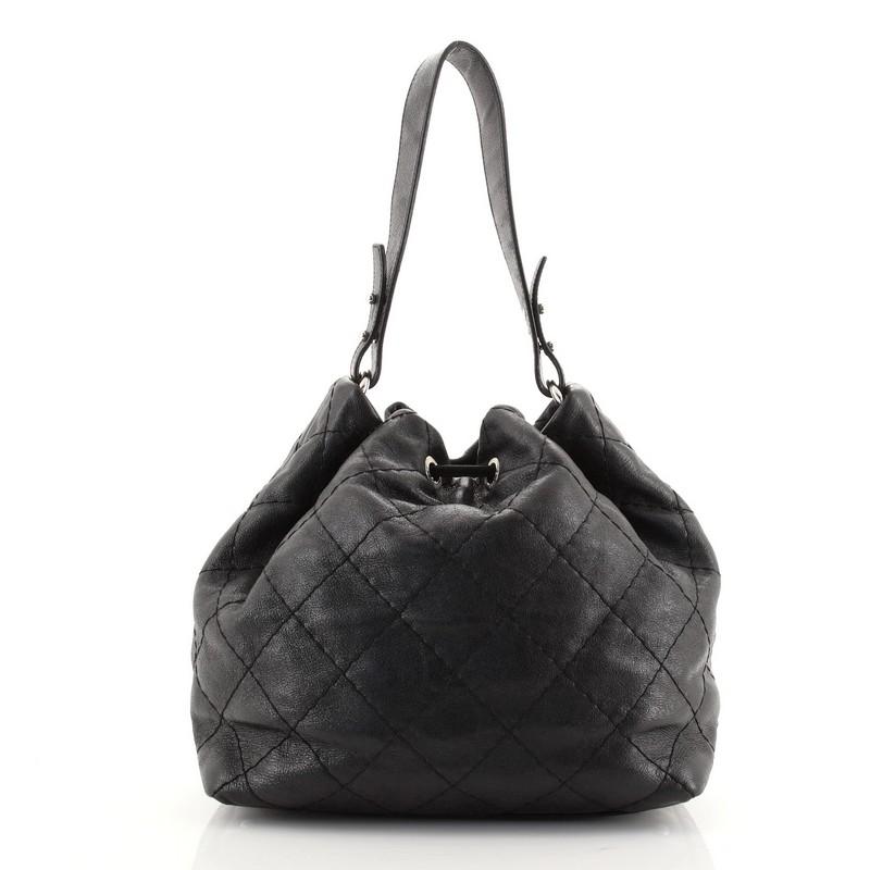 Black Chanel On the Road Drawstring Bucket Bag Quilted Glazed Leather
