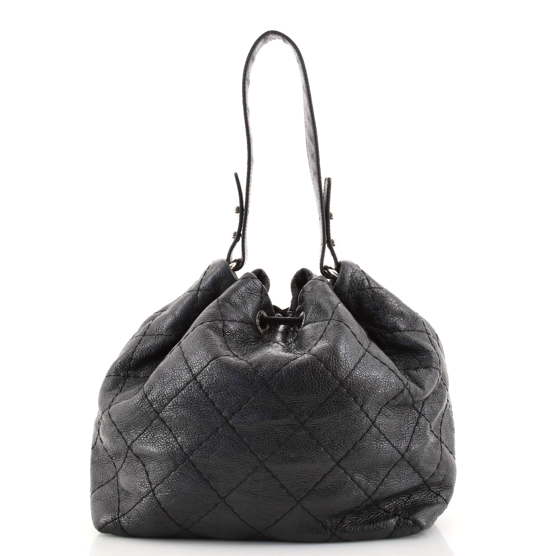 Black Chanel On the Road Drawstring Bucket Bag Quilted Glazed Leather