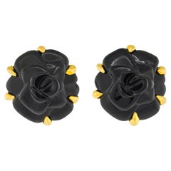 Chanel Onyx Camellia Earrings 18k France c2010