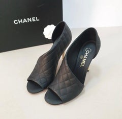 Chanel Open Toe Black Quilted Gold Heels