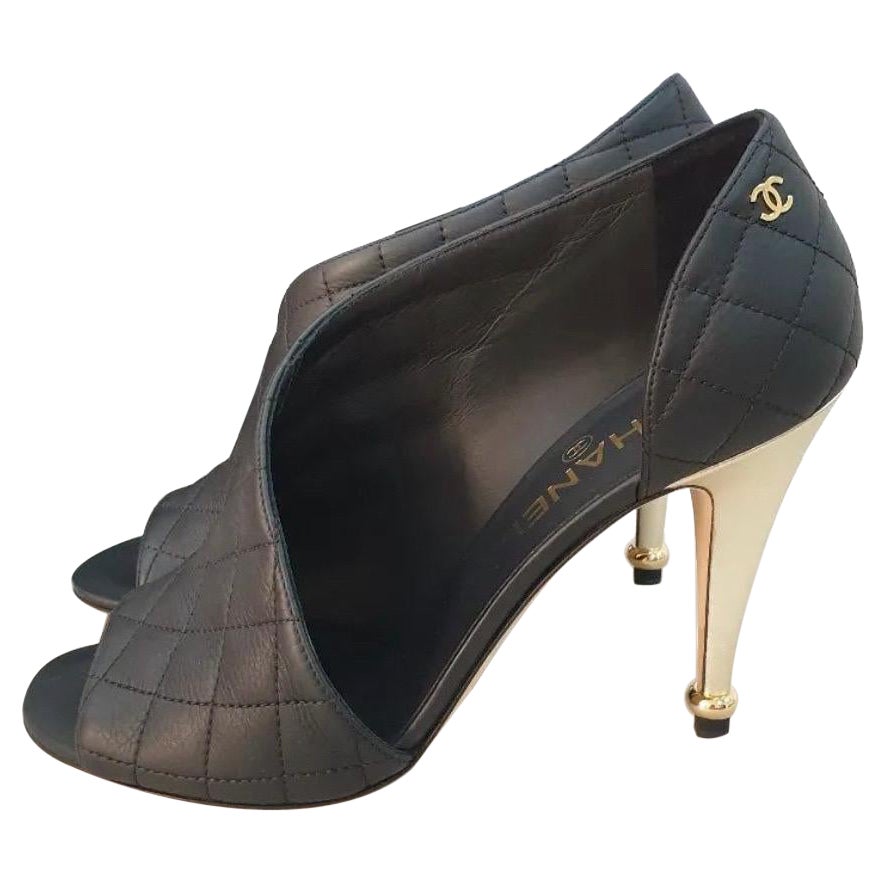Chanel Open Toe Black Quilted Gold Heels