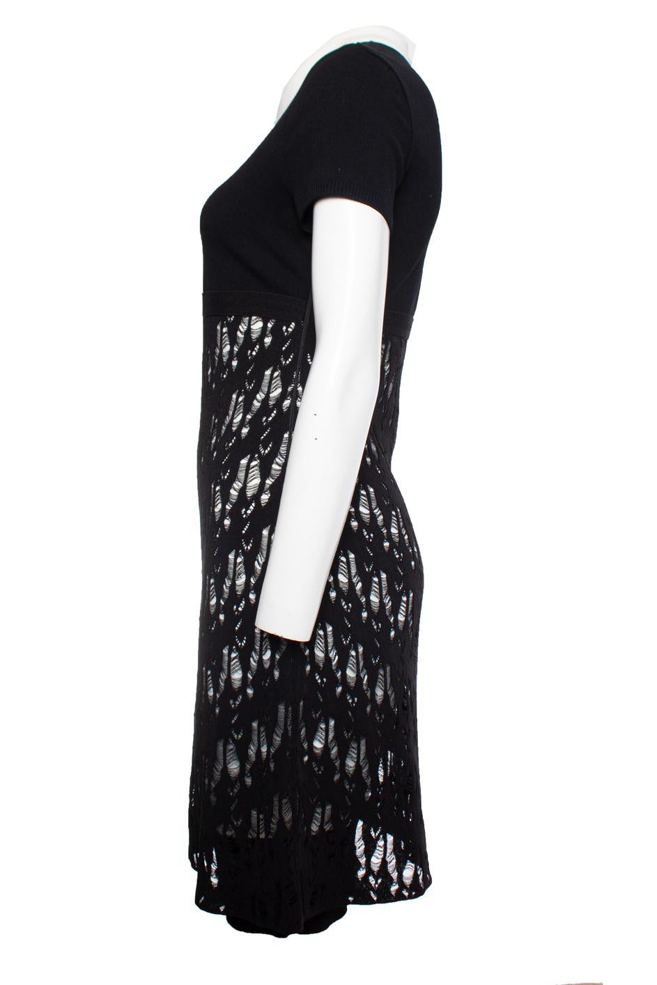 Black Chanel, open woven wool dress with white collar For Sale