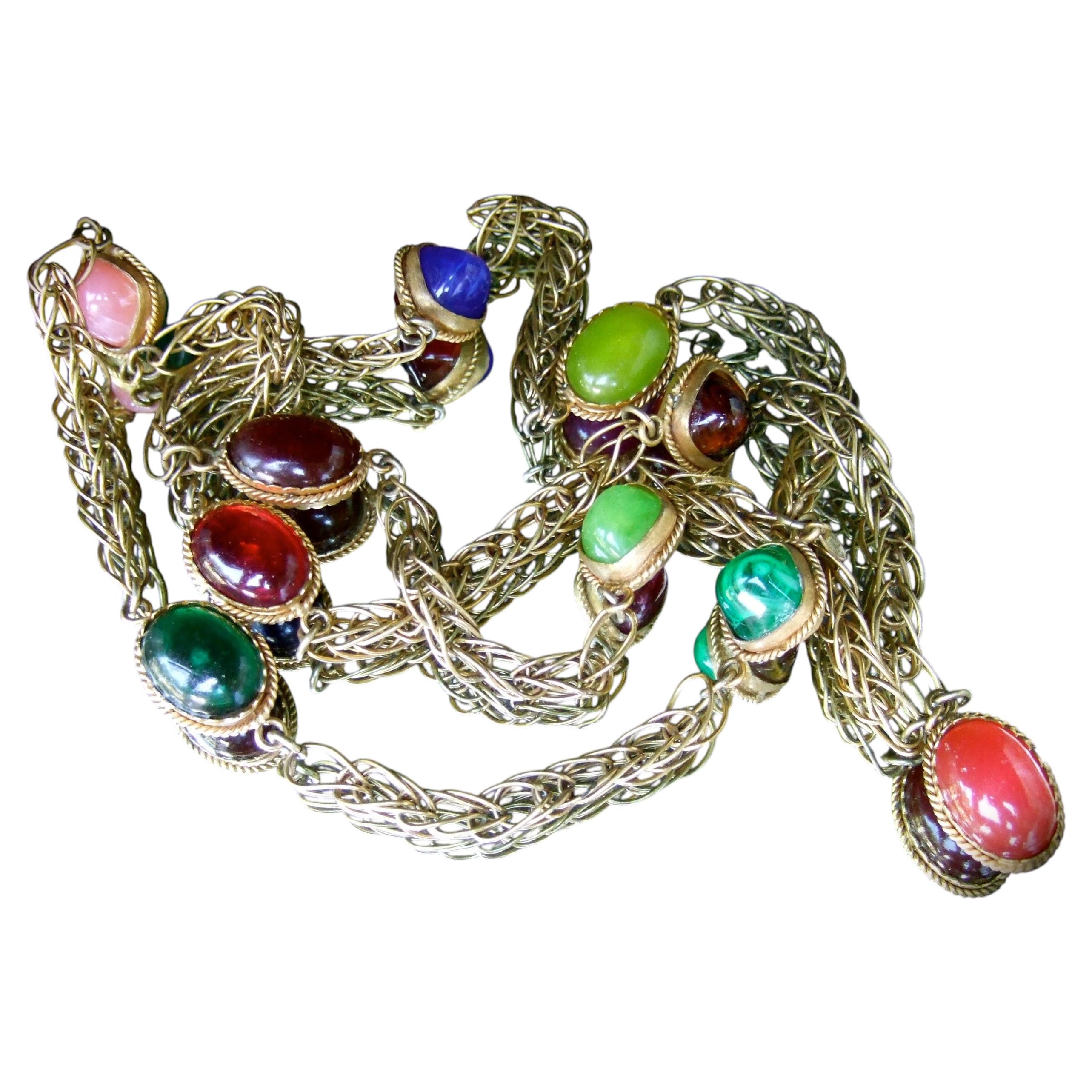 CHANEL Opulent Poured Glass Cabochon Byzantine Style Sautoir Necklace c 1970s For Sale