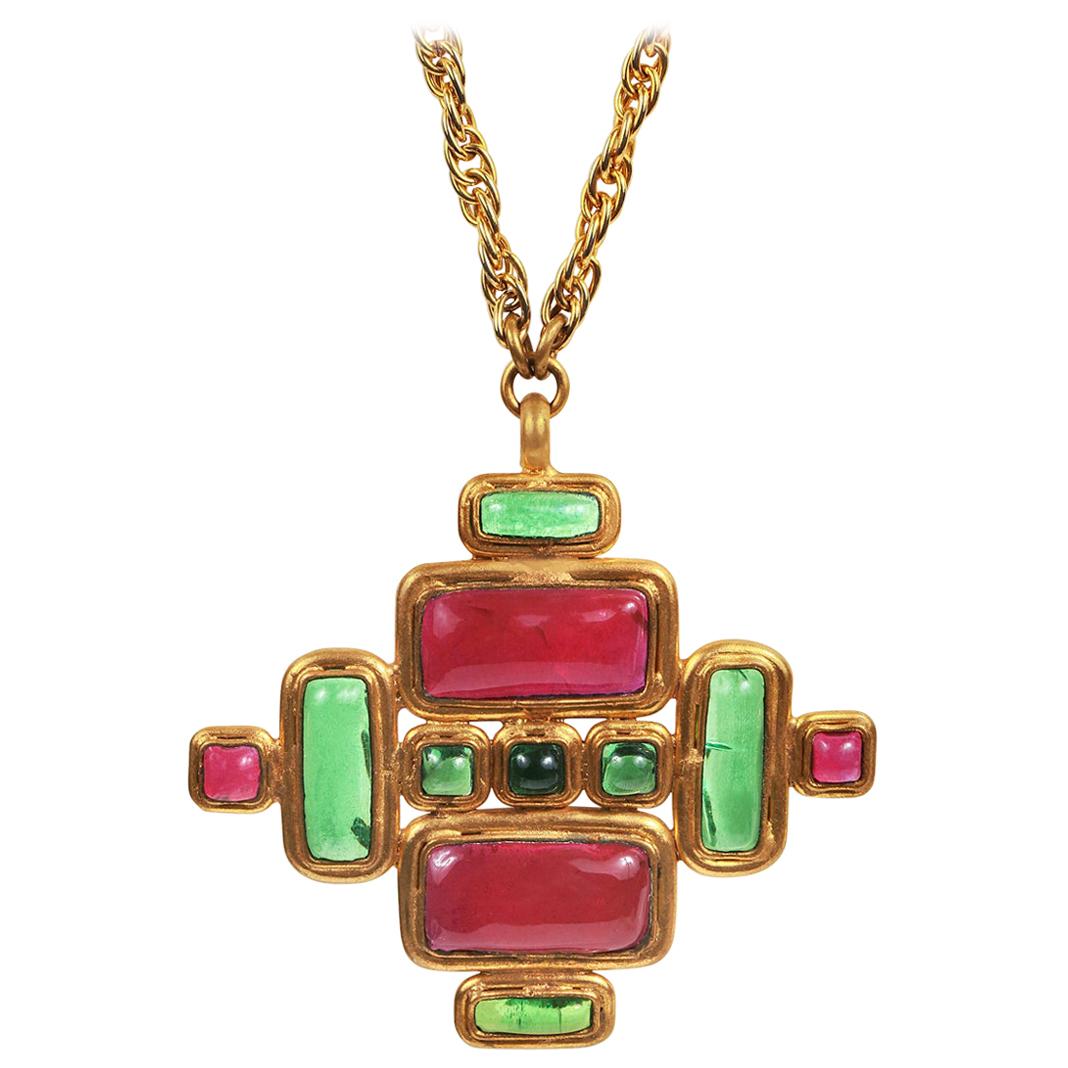 Chanel Orange and Green Gripoix Medallion Cross Necklace For Sale