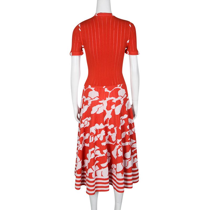 Red Chanel Orange and White Floral Knit Zip Front Dress M