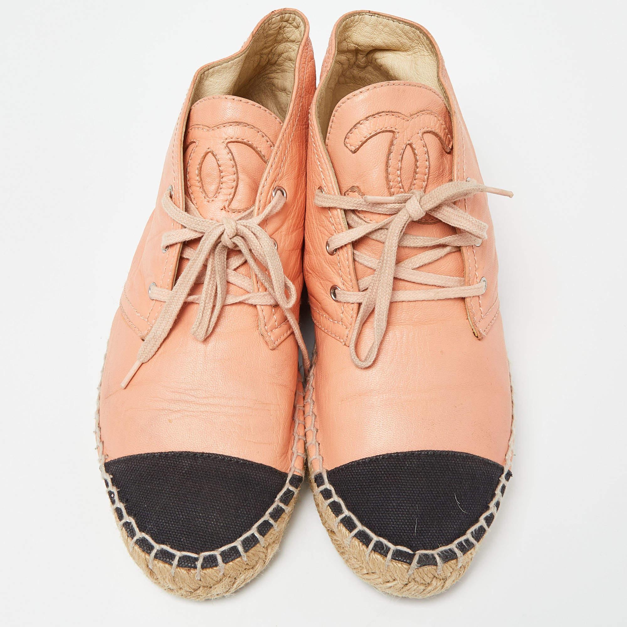 Beige Chanel Orange/Black Leather and Canvas Cap Toe High Top Sneakers Size 37
