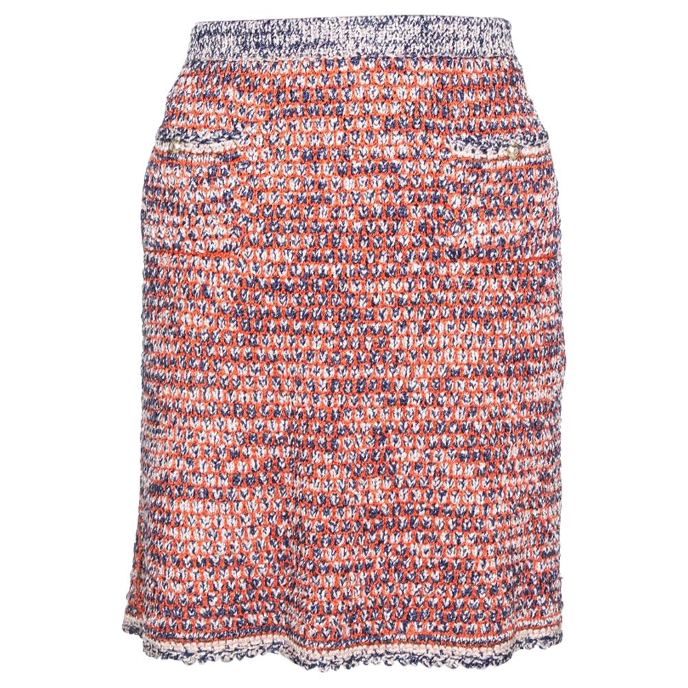 Chanel Orange & Blue Boucle Knit A Line Skirt M