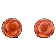 Used Chanel Orange Camellia Camelia Flower Resin Clip On Earrings