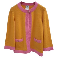Chanel Orange Cashmerel CC Logo Buttons & Pink Trim Cardigan