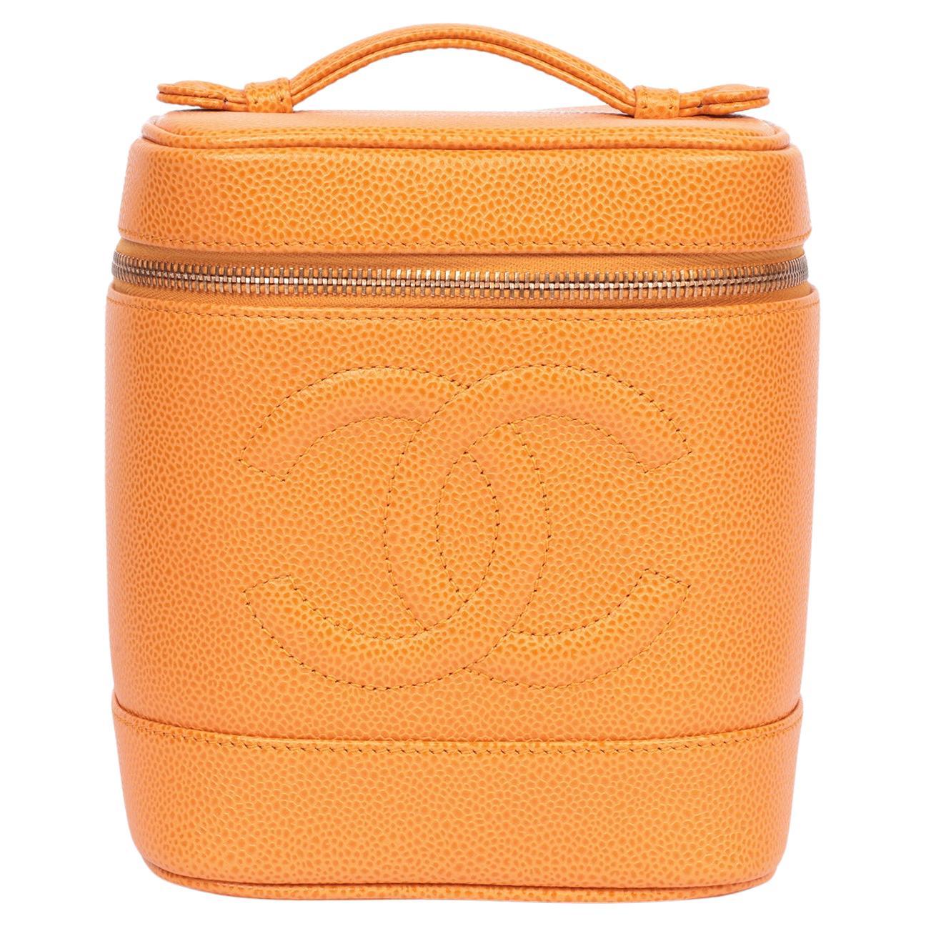 Chanel Orange Caviar Leather Vintage Timeless Vanity Case For Sale