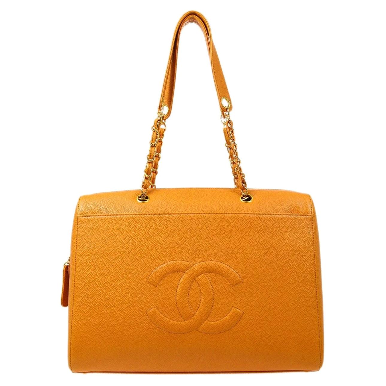 Chanel Orange Caviar Leather XLarge Overnight Weekender Travel Tote Shoulder Bag