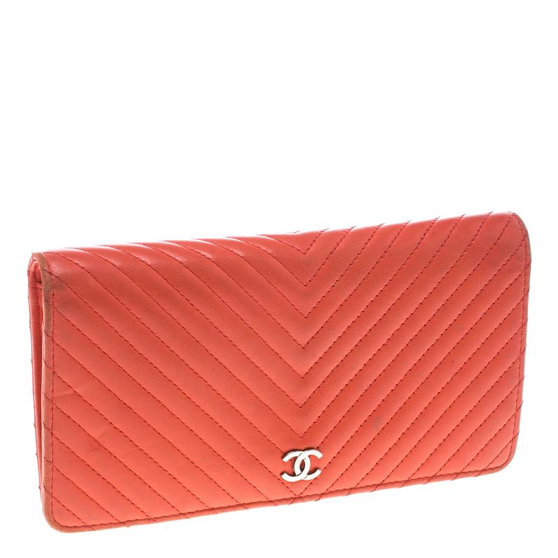 Red Chanel Orange Chevron Leather CC Long Wallet