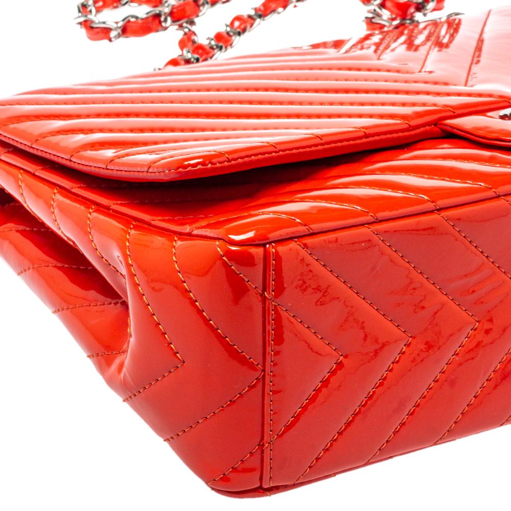 Chanel Orange Chevron Patent Leder Maxi Classic Einzelne Klappe Tasche 3
